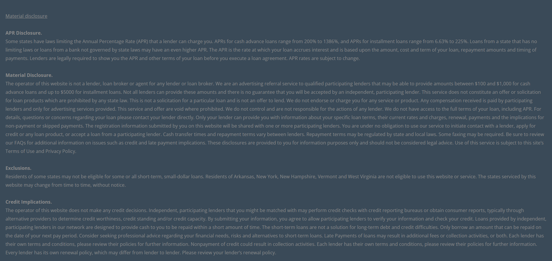 Material disclosure for payday loans in Joliet Illinois